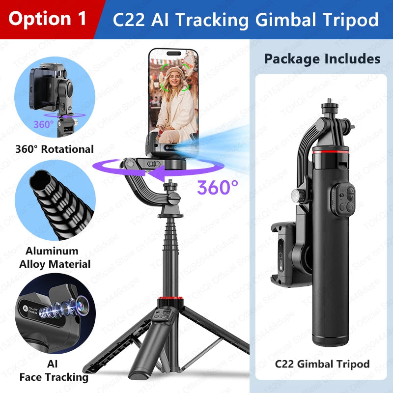 C22 AI Face Tracking Handheld Gimbal Stabiliser 360° Rotation Shoot Selfie Stick Tripod for Mobile Phone, 1/4'' Screw for Camera