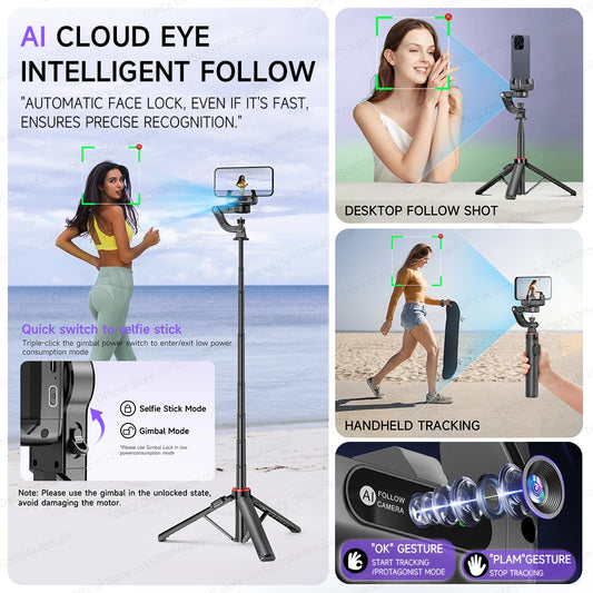 C22 AI Face Tracking Handheld Gimbal Stabiliser 360° Rotation Shoot Selfie Stick Tripod for Mobile Phone, 1/4'' Screw for Camera