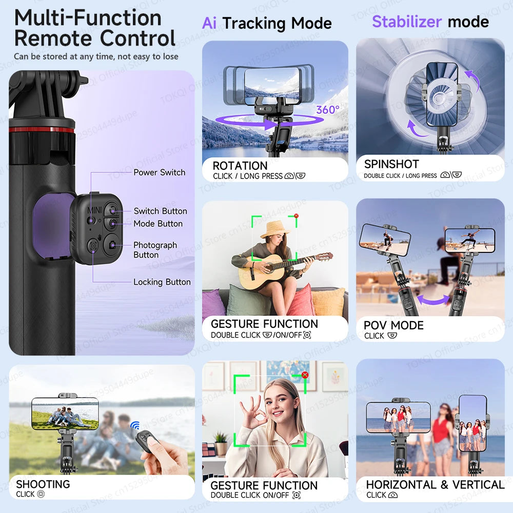 C22 AI Face Tracking Handheld Gimbal Stabiliser 360° Rotation Shoot Selfie Stick Tripod for Mobile Phone, 1/4'' Screw for Camera