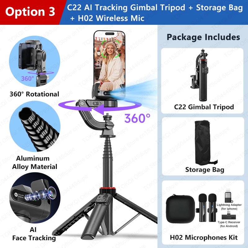 C22 AI Face Tracking Handheld Gimbal Stabiliser 360° Rotation Shoot Selfie Stick Tripod for Mobile Phone, 1/4'' Screw for Camera